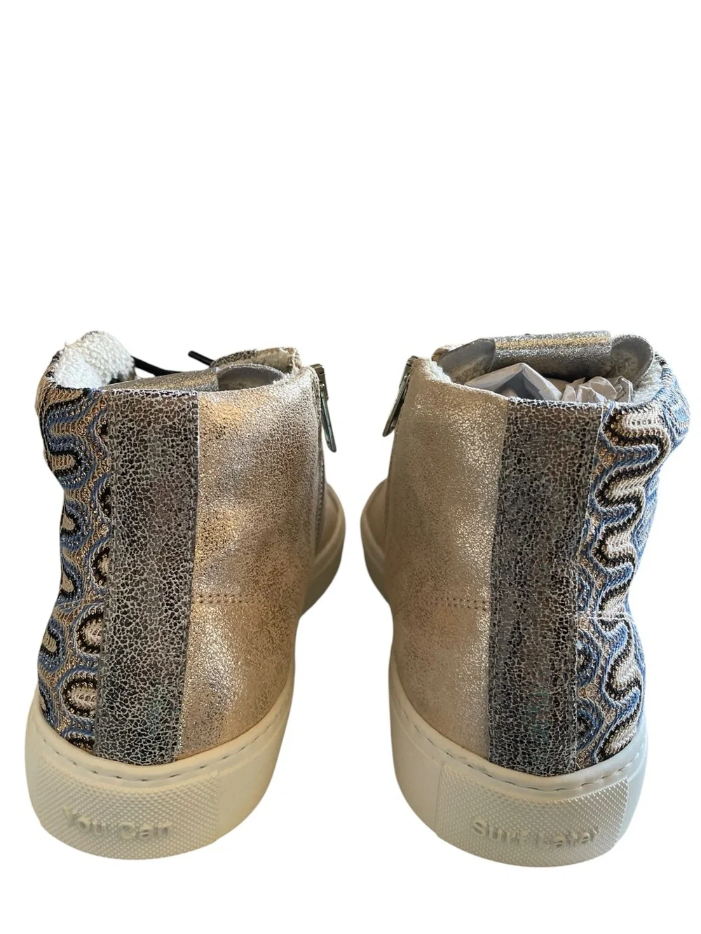 P448 Panama Women’s High-Top Sneaker in Black, White, Silver Light Blue New